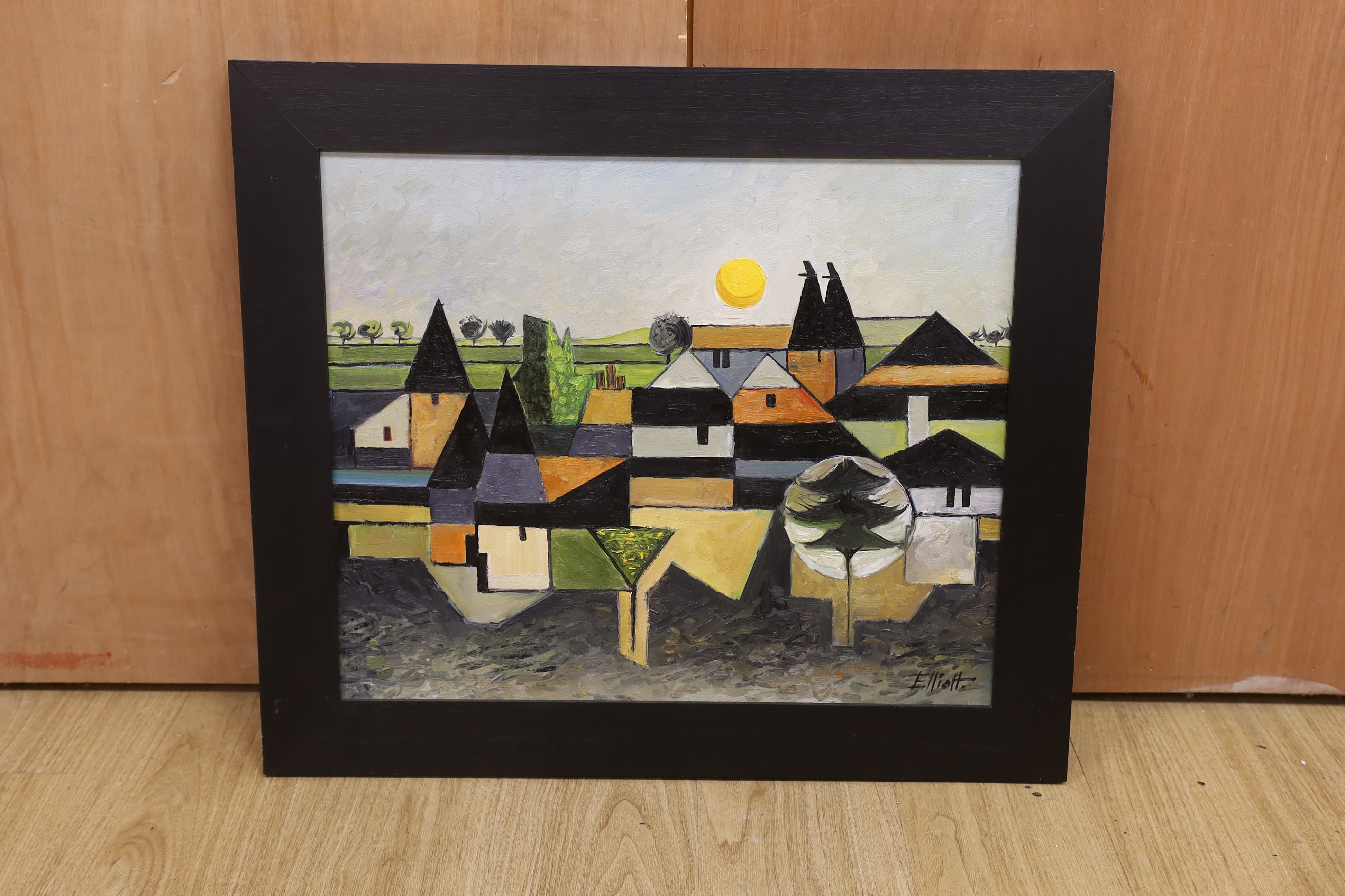 Robin Alexander Elliott (b.1936) oil on canvas, 'Hop Barn and Oasts', signed, inscribed verso, 49 x 59cm